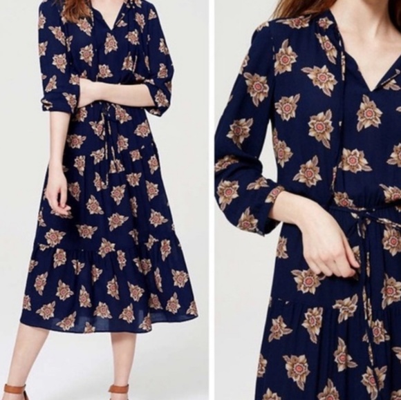 LOFT Dresses & Skirts - Loft Floral Ruffle Hem Midi Dress L O16